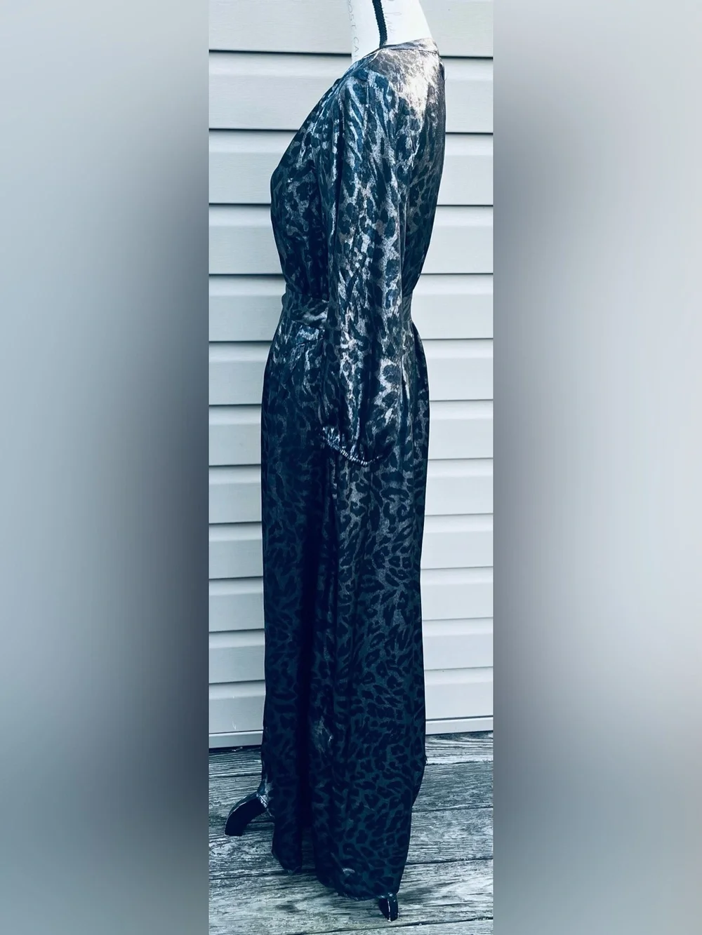 Vince Camuto Black and Silver Leopard Satin Maxi Dress